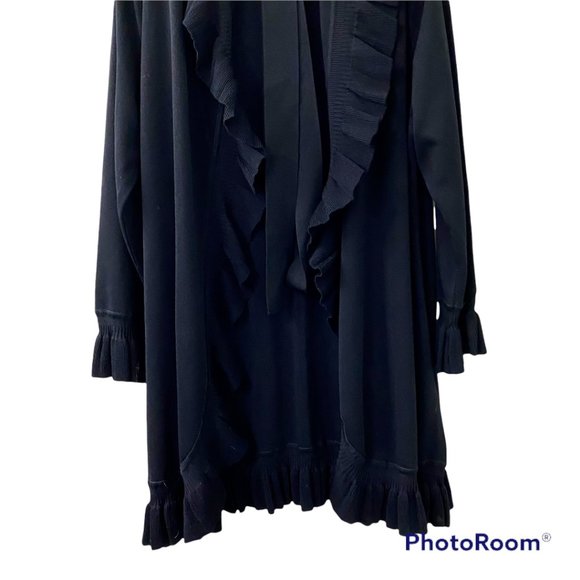 Misook Black Ruffle Waterfall Long-Lined Open Front Cardigan Duster with Belt M - Picture 3 of 4